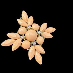 Vintage Coral Pink Flower Cluster Brooch With Rhinestone Accents